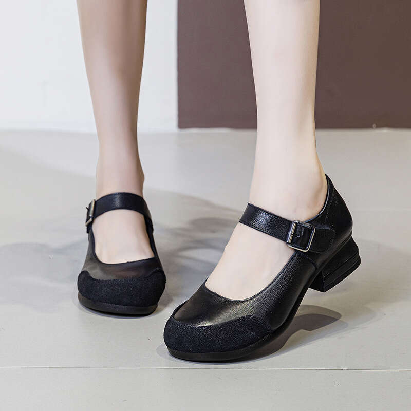 Cute Patchwork French Round Toe Breathable One-Strap Mom Women's Top Layer Cowhide Versatile Leather Shoes