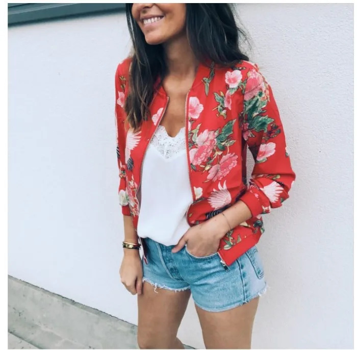 Women Elegant Zipper Bomber Jacket Spring Autumn Floral Printed Jackets Office Wear Slim Coat Retro Outwear 250815