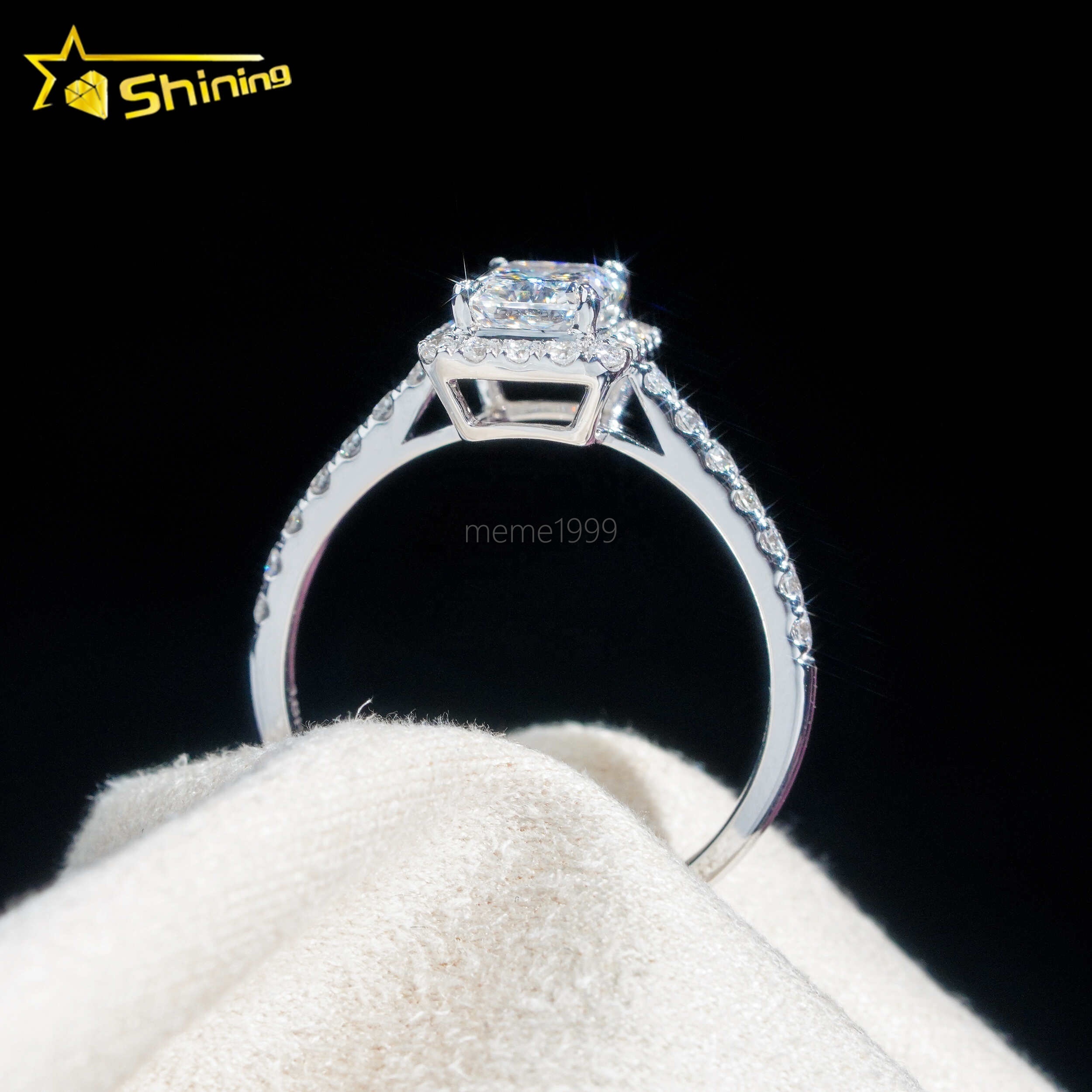 Emerald Cut Halo Half Iced Band 1ct VVS2 Lab Grown Diamond CVD Engagement Ring 18K Solid Gold Wedding Rings