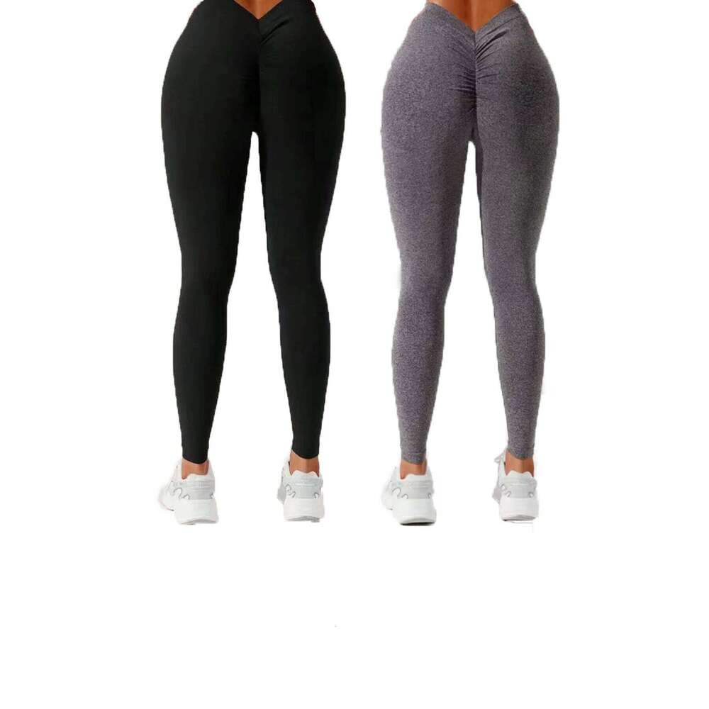 2-piece set of V-shaped butt lifting solid color trousers, yoga fiess and daily wear