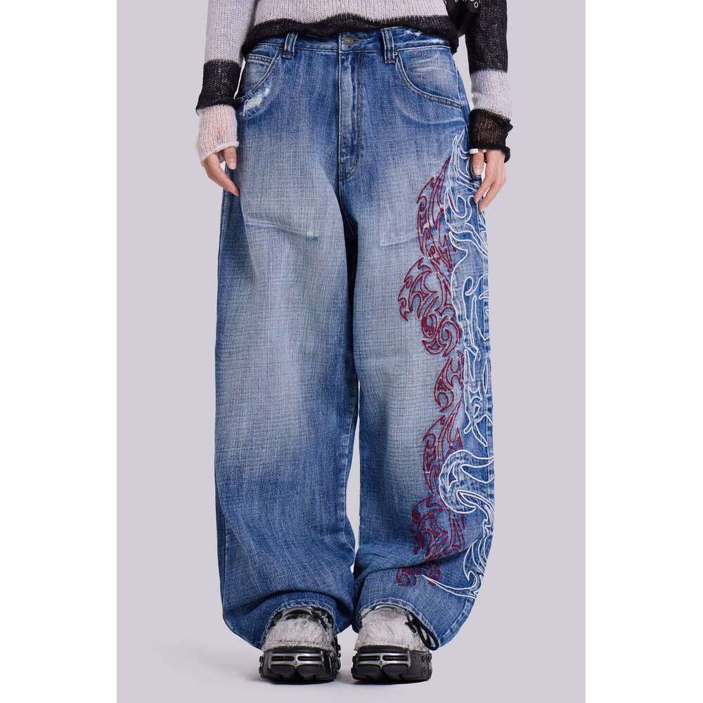 Y2K Embroidery Design Sense Jeans Washed Street Style Hot Girl Wide Leg Loose Long Pants Trendy