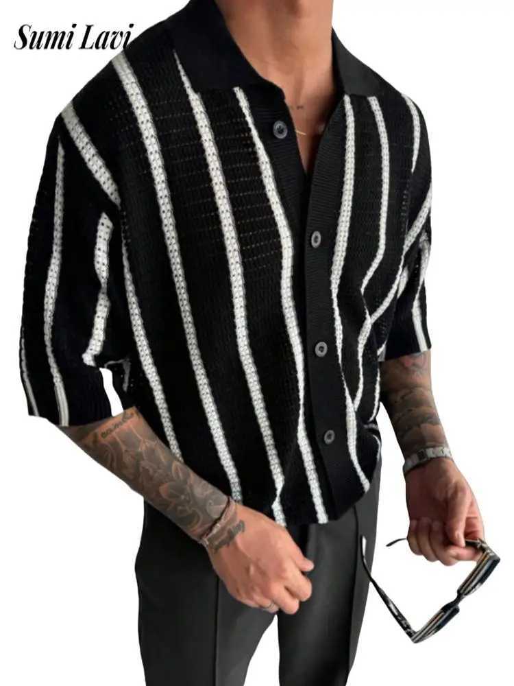 2025 Summer Casual Knit Shirts For Mens Fashion Striped Crochet Breathable Shirt Men Daily Leisure Buttoned Short Sleeve Shirts Y250819