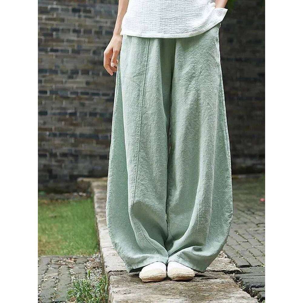 2024 Cotton Linen Bloomers Wide Leg Women Vintage Full Length Fashion Elegent Pants Solid Elasitic Waist Spring Autumn 5XL