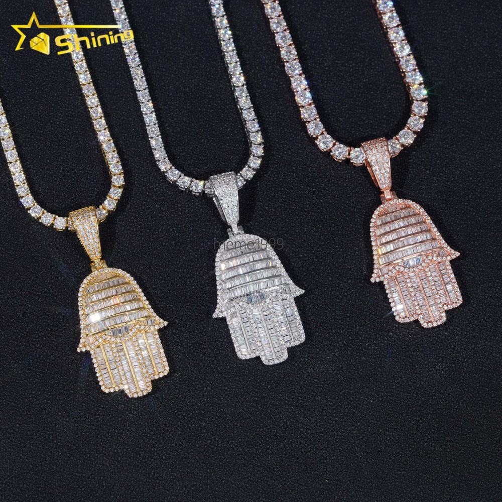 Pass Diamond Tester Hip Hop Jewelry 925 Sterling Silver Gold Plated Iced Out VVS Baguette Custom Moissanite Pendant Hamsa