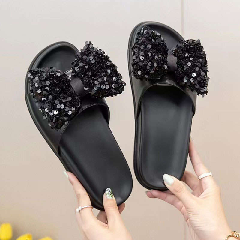 2025 Summer New Sequin Bow Thick-Soled One-Strap Sandals Women Open-Toe Platform Slippers with Cushioned Feel for Outdoor Wear