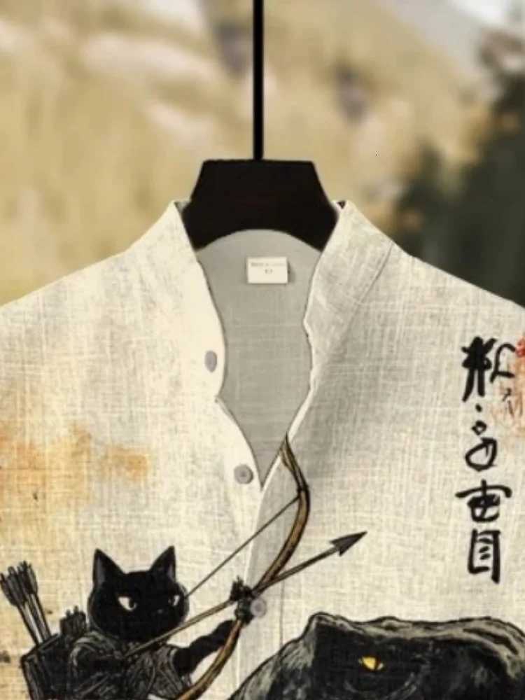 Mens Black Cat Riding A Dinosaur Shirt Shooting Arrows Away From Explosion Calligraphy Art Print Casual Japanese Retro Clothes Y250819