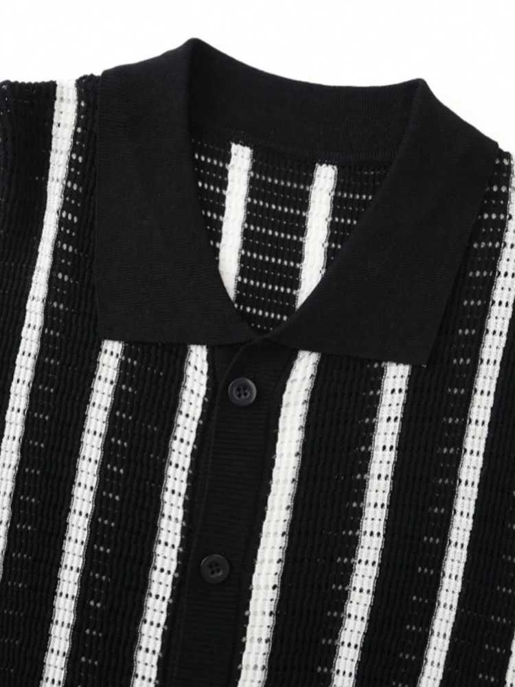 2025 Summer Casual Knit Shirts For Mens Fashion Striped Crochet Breathable Shirt Men Daily Leisure Buttoned Short Sleeve Shirts Y250819