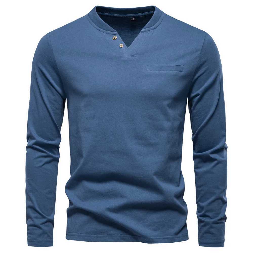 New Autumn 100% Cotton Mens T-shirt Henley T Shirt Men Casual Solid Color Long Sleeve Fake Pocket Fashion T-shirts for Men Y250819