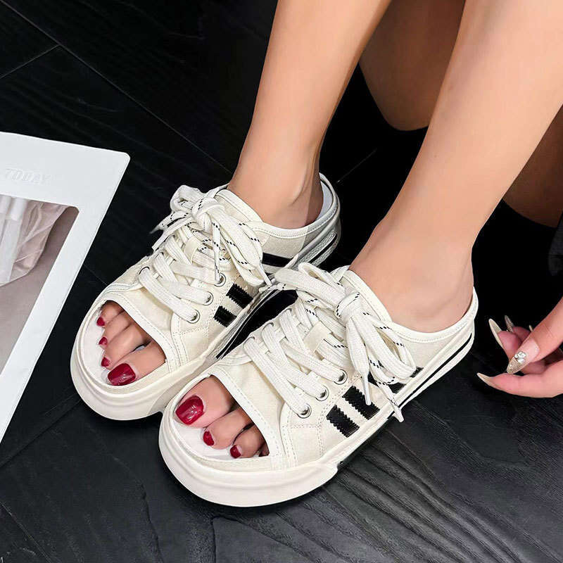 2025 Summer New Thick-Soled Half Slippers for Women, Fashionable and Versatile Outdoor Wear, Height-Increasing Canvas Casual Internet Celebrity Sandal