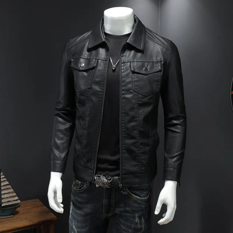 Mens lapel leather jacket autumn oversized slim motorcycle riding suit winter thickened PU leather waterproof work clothes 250818