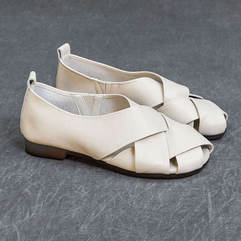 Top Layer Cowhide Heel Roman Sandals New Flat Sole Soft Surface Hollow Artistic Style Simple Handmade Women's Shoes
