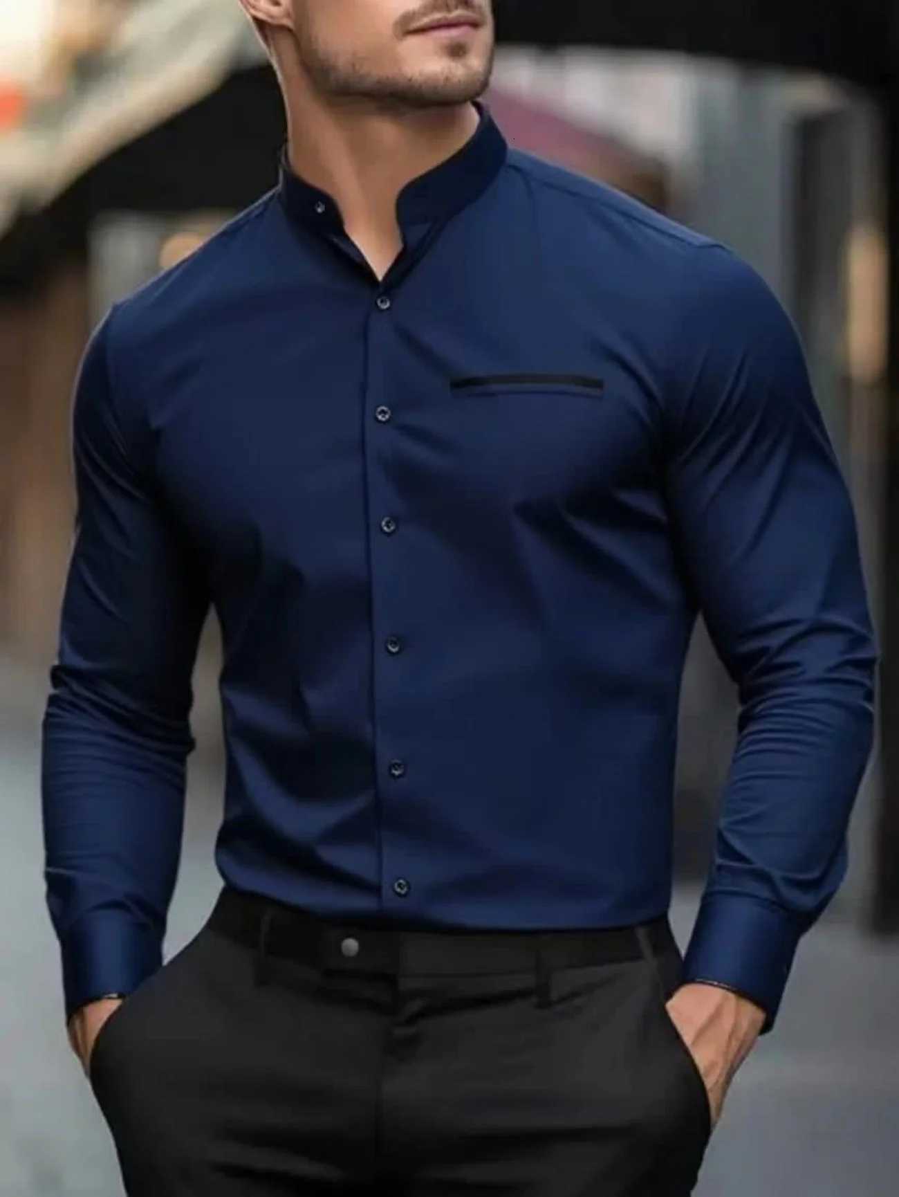 New mens long-sleeved shirt - solid color shirt - fashionable high-quality mens top - blue white pink green red - business Y250819