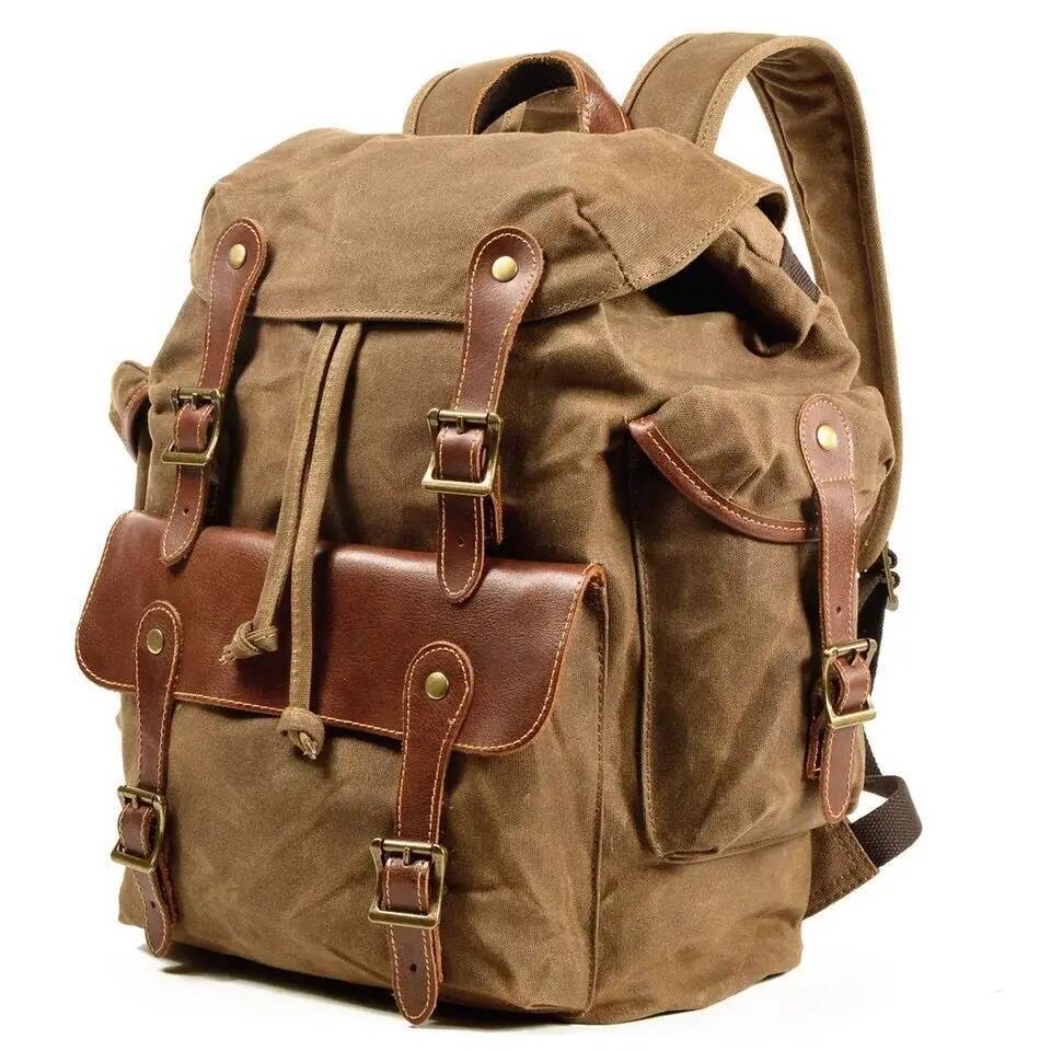 Vintage Backpacks Leather Backpack Men, Waxed Canvas Shoulder Rucksack for Travel School high-quality