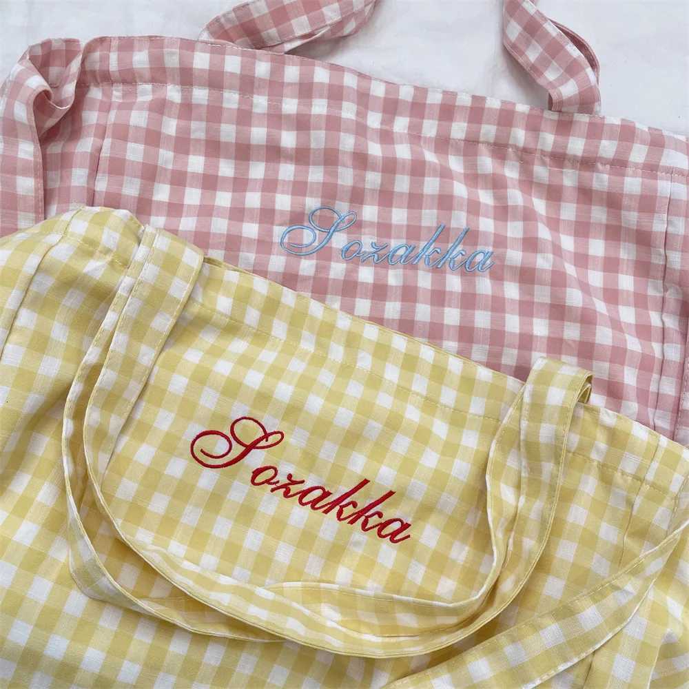 Korean Candy Plaid Lady Tote Bag Sweet Casual Women Crossbody Bag Large Capacity Printing Canvas Shouder Bag Student Handbag Y250819