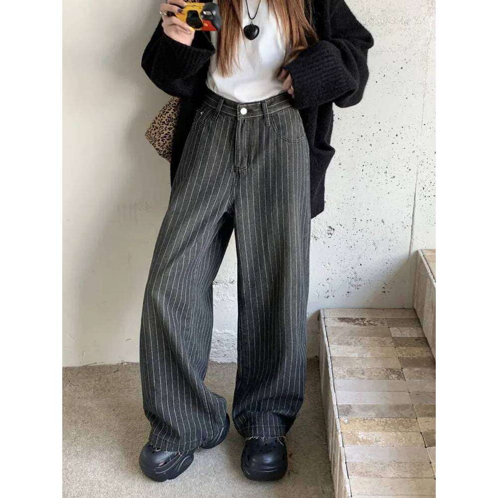 2024 Ropa Y2K Fashion Vintage Striped Wide Leg Baggy Jeans Pants For Women Clothes Straight Washed Black Casual Lady Trousers