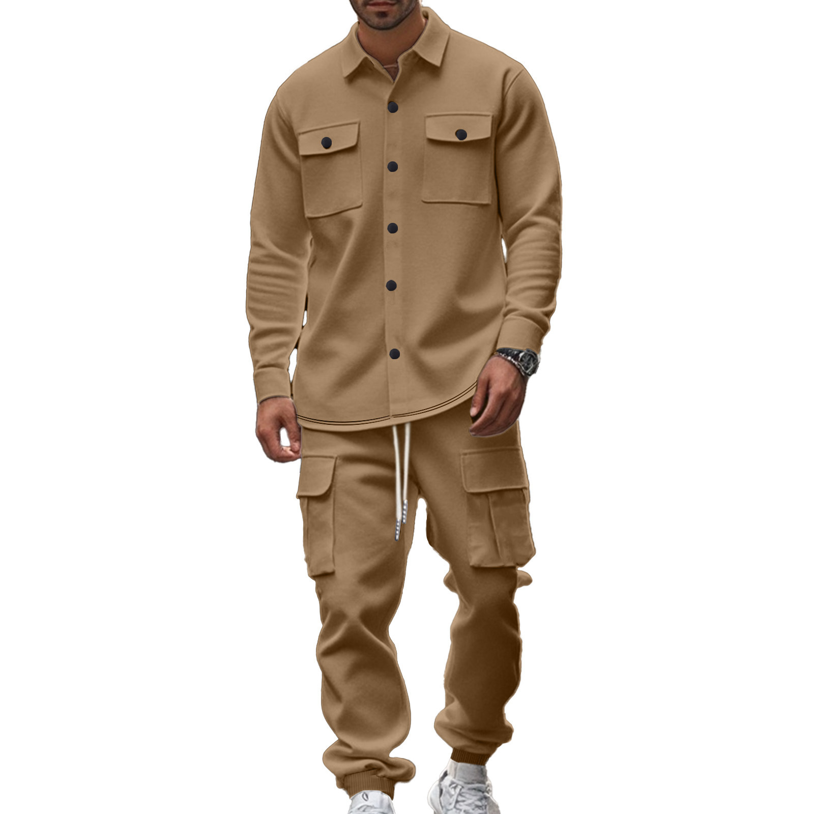American mens fleece workwear tracksuits Cargo Pants outdoor tactical hunting suit lapel jacket set loose warm Trousers two piece set