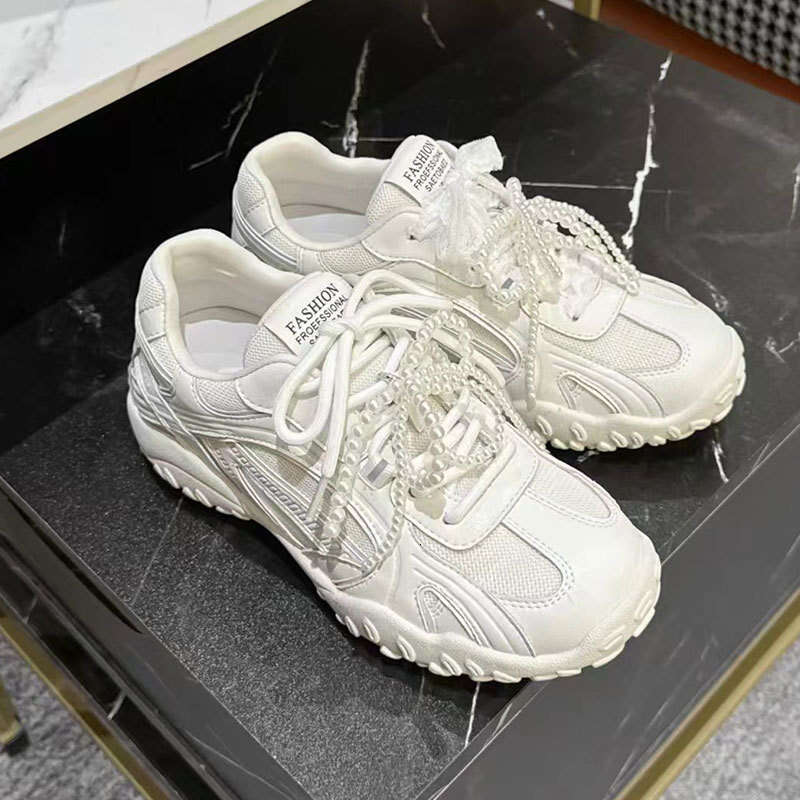 Grape Mom Same Style Age-Reducing Fashion Pearl Bow Round Toe Front Lace-Up Versatile Casual Forrest Gump Training Shoes for Women Spring