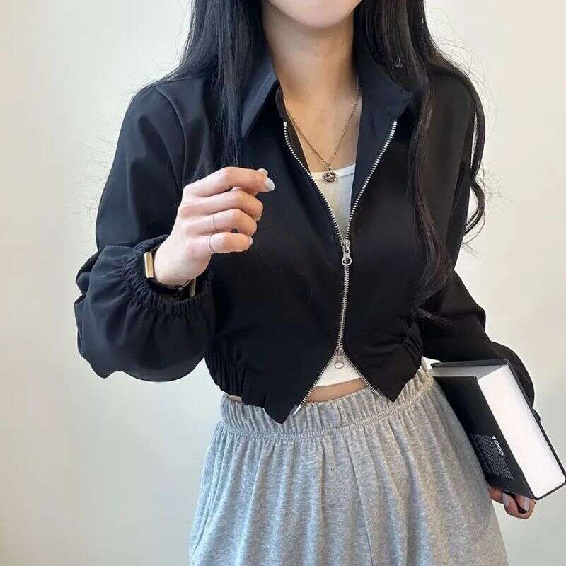 Spring and Autumn Korean Edition New Ins Trendy Women's Double Zipper Jacket Flip Collar Short Coat for Women