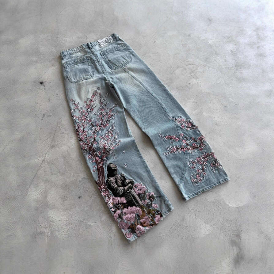 Plum Blossom Embroidery 2025 New Denim Style Street Trendy Embroidered Straight Pants Mid-Waist Jeans