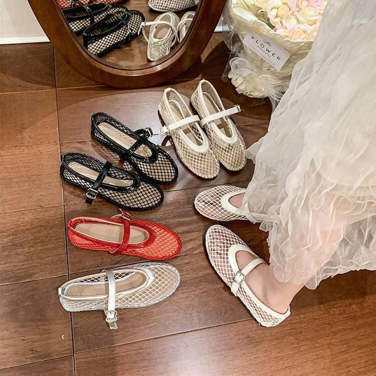 36-42 Large Size Flat Hollow Summer New Style Sandals for Women, Fishnet Surface Shoes, 2025 Mary Jane Single Shoes
