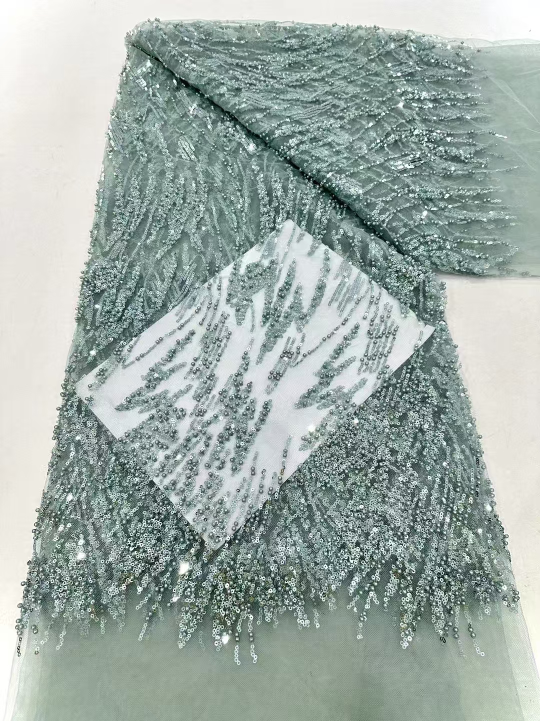 Beaded sequin fabric, multi-color embroidered beads and sequins wedding dress and formal gown with lace fabric.