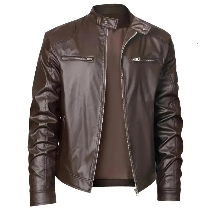 2024 High Quality Mens Slim Leather Jacket with Standup Collar Zipper Pocket Decorated Biker Coat 250815