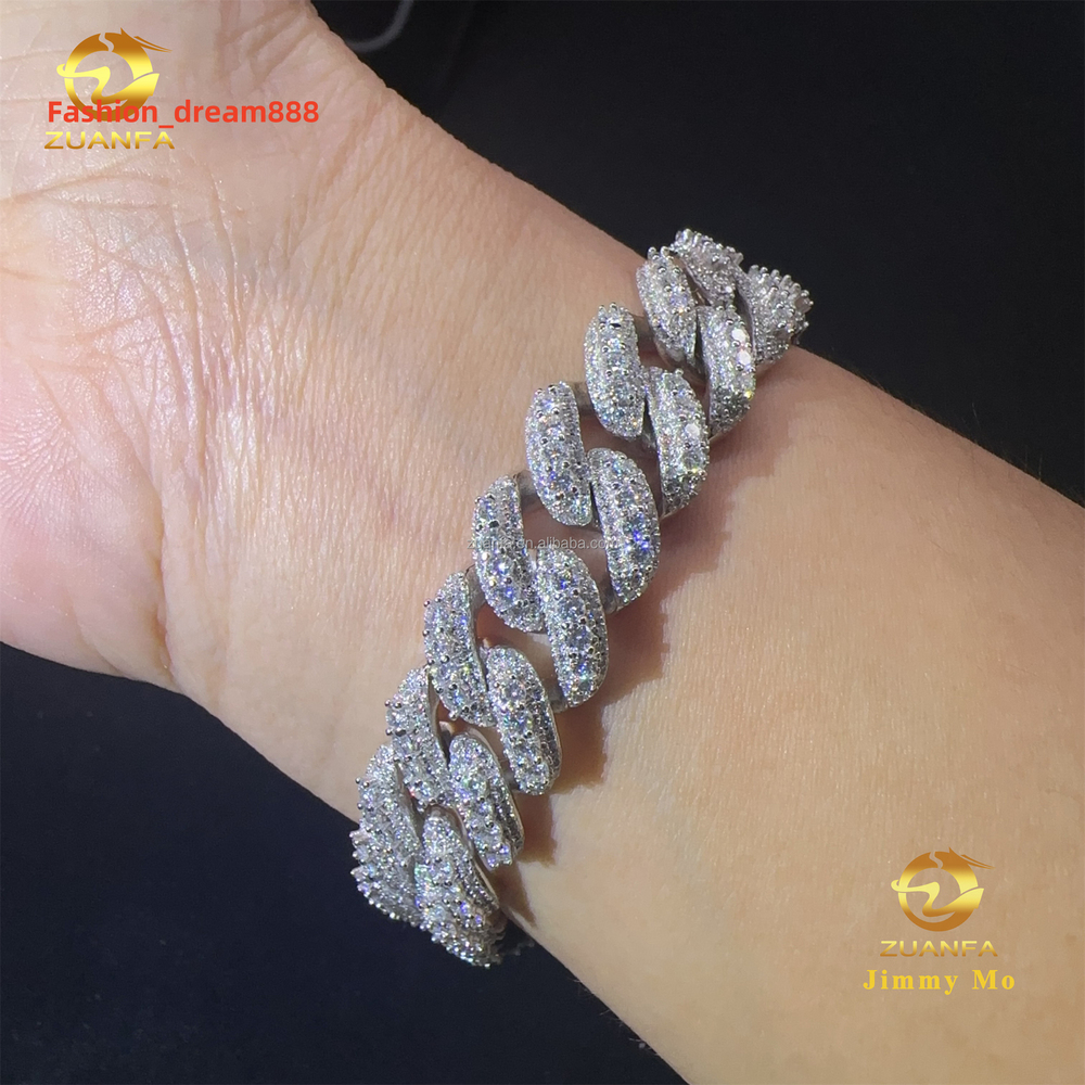 Fashion Drop Shipping Hot Selling 13mm Three Rows Stone Hip Hop S925 Moissanite Diamond Moon Shape Miami Cuban Link Bracelet