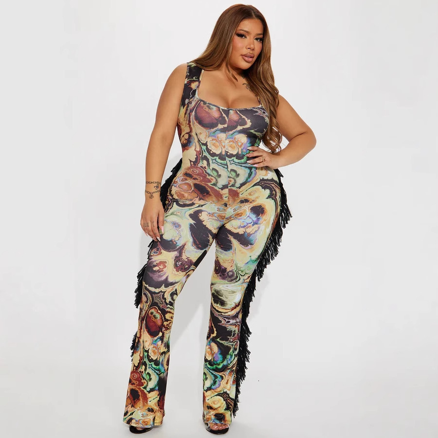 D9781 Womens Fashion Sexy Strap Colorful Random Print Tassel Trim Jumpsuit