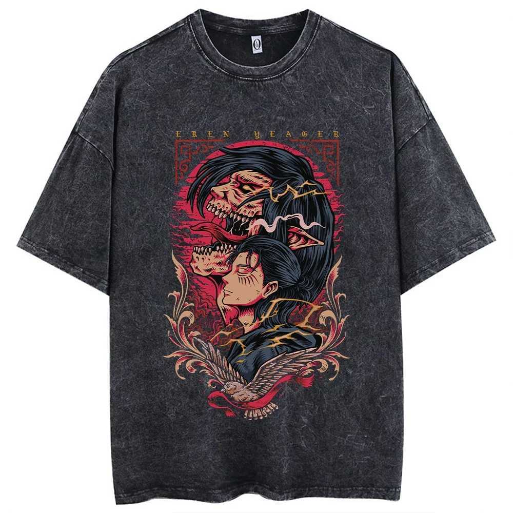 Anime Attack on Titan T-Shirt Hip Hop Oversized Streetwear Vintage Printed Washed Short Sleeve T Shirt Summer Cotton Male Tops Y250819