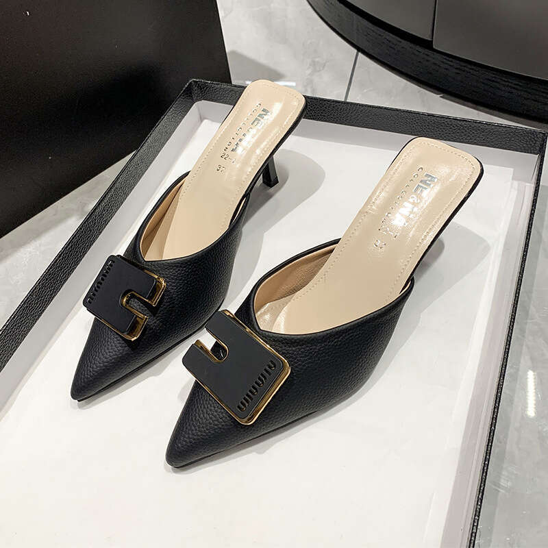 Sandals 2023 New Spring Fashion Square Buckle Outdoor Wear Mid Thin Heel Pointed Closed Toe Half Slippers Women's Single Shoes