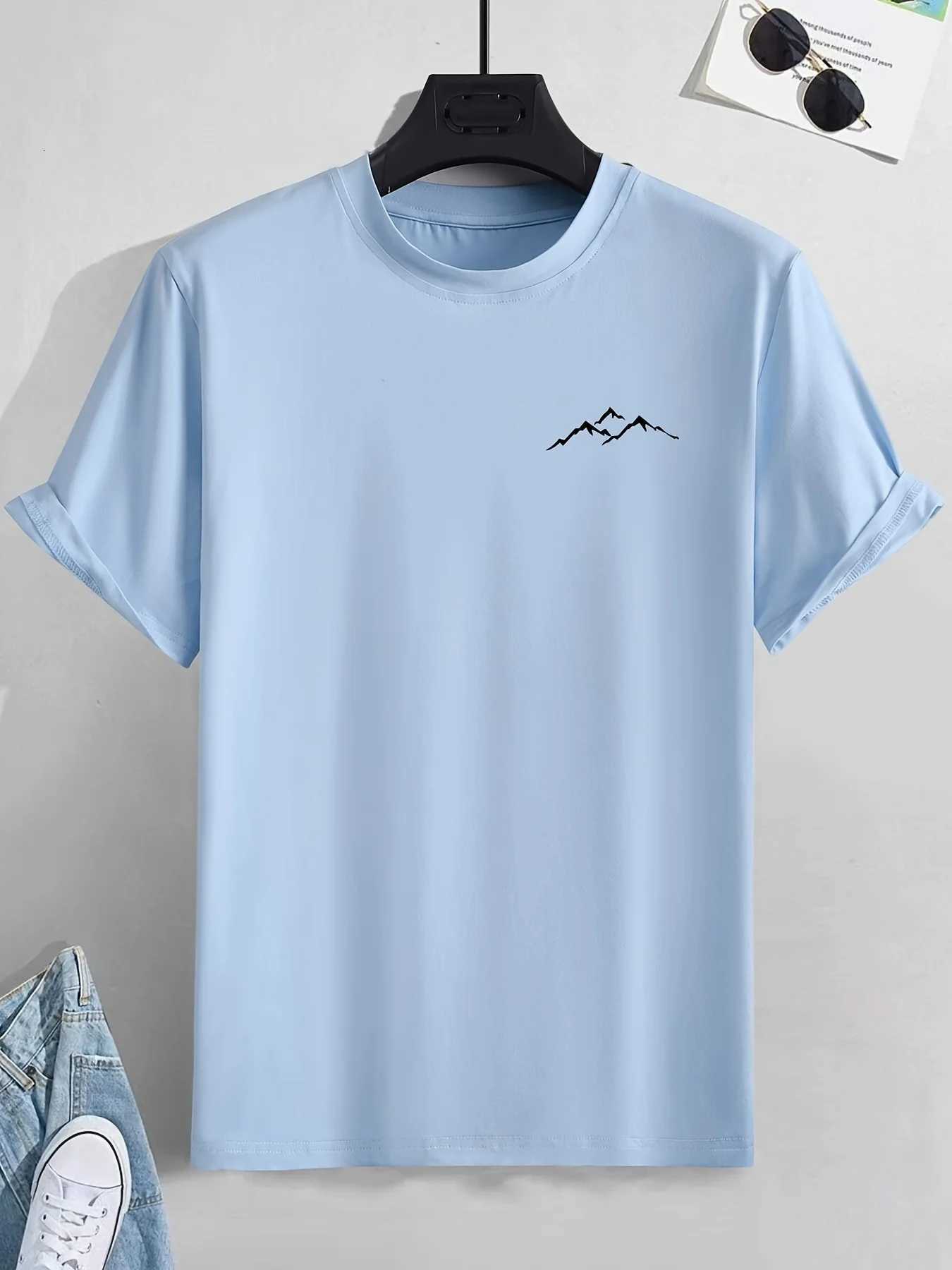 Summer Mens 100% Cotton Casual Sports Loose Large Mountain Pattern Printed Comfortable Round Neck Short Sleeve T-shirt Top Y250819