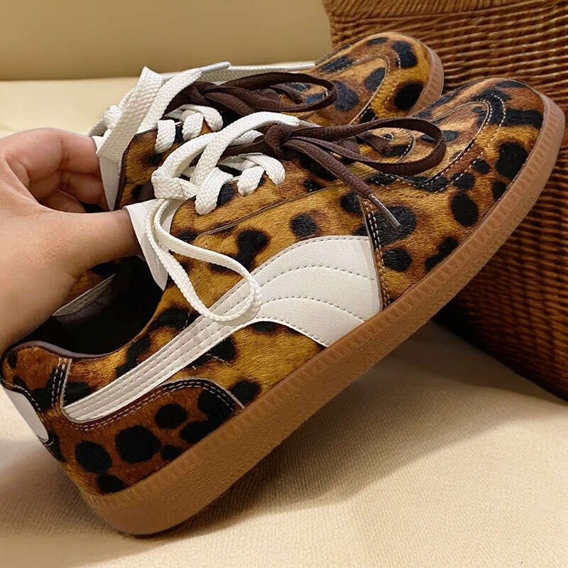 2024 Autumn New Leopard Print Horsehair Double Lace Niche German Training Women Fashion Versatile Casual Shoes Sneakers Trend