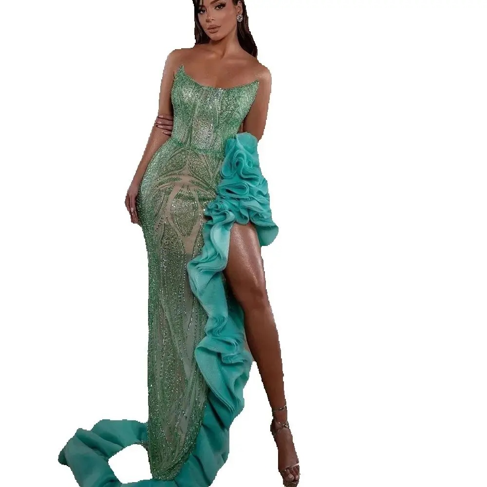 Sexy Strapless Sequined Evening Dresses Customized Sparkly Sleeveless Ruffle Prom Dress Side Slit Floor Length Party Gown