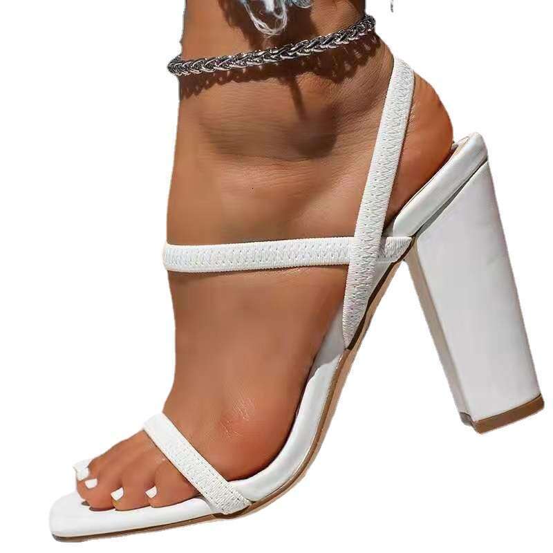 35-43 Large Size Women's Fashion Designer One-Strap with Thick Heels, Elastic Band, Solid Color, Simple Roman Sandals