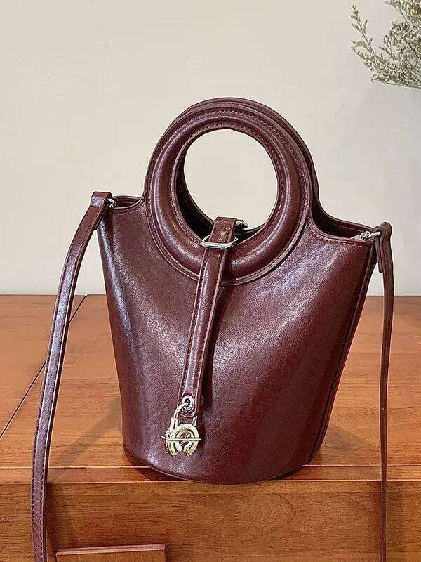 Vintage Bucket Bag Women Convertible Crossbody With Top Handle Leather Trim For Daily Commute