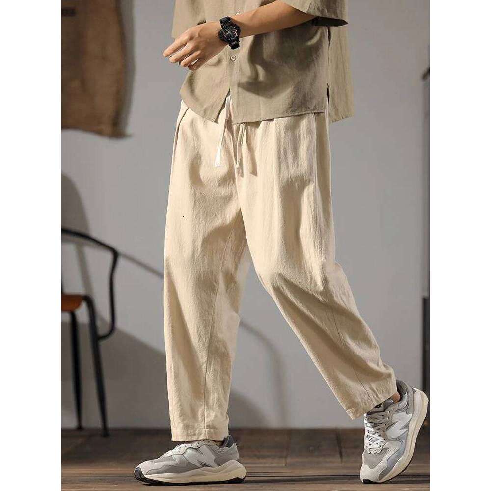 Japenese Cotton Pants Men Summer Straight Casual Ice Silk Sweatpants Male Wide leg Oversize Linen Trousers 2024 New