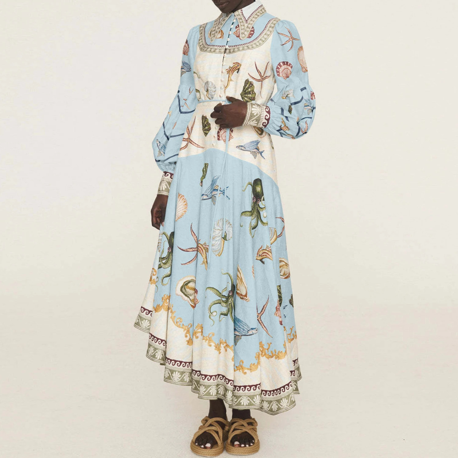 Women Vintage Floral Print Shirt Collar Puff Sleeve Single Breasted Spring Summer Long A Line Cotton Linen Dress 250820