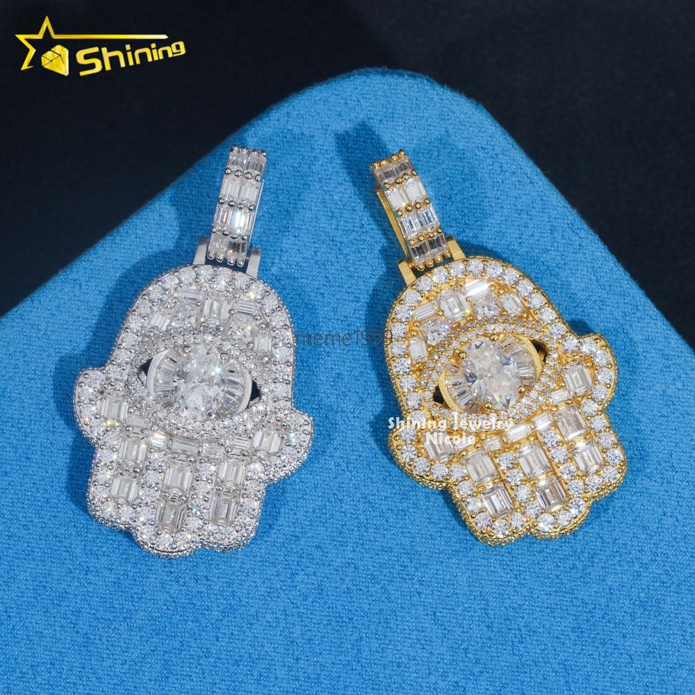 Fully Iced Out Luxury Bling Hip Hop VVS Moissanite Diamond Hamsa Hand 925 Silver Pendant