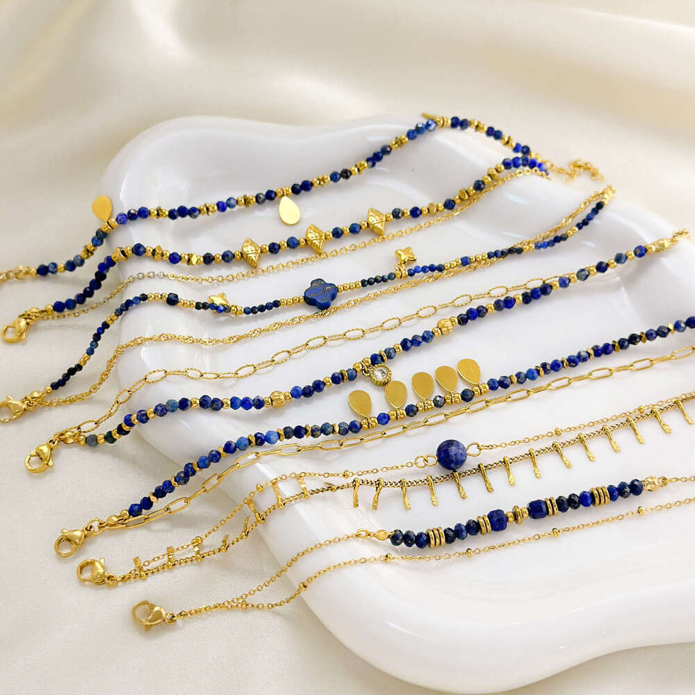 Ins Style Designer Lapis Lazuli French Design Natural Stone Bracelet Stainless Steel Gold-Plated Jewelry