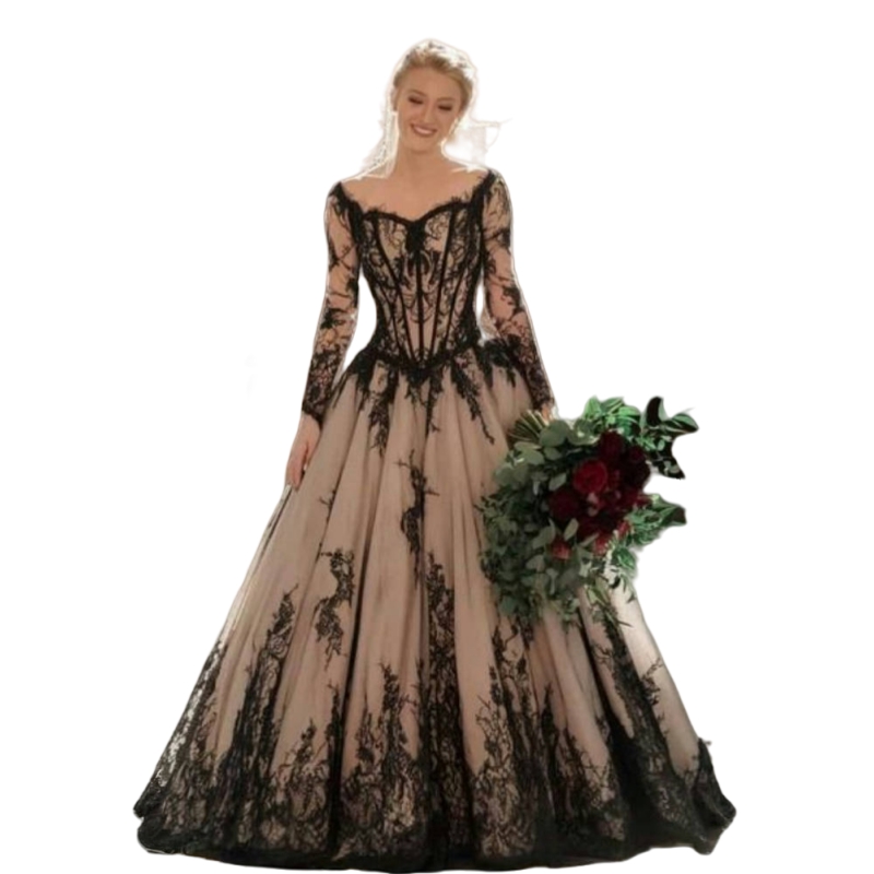 Black Lace Appliqued Gothic Wedding Dresses Long Sleeves A-Line Vintage Champagne Tulle Country Bridal Gown Custom Made Floor Length Vestidos De Novia