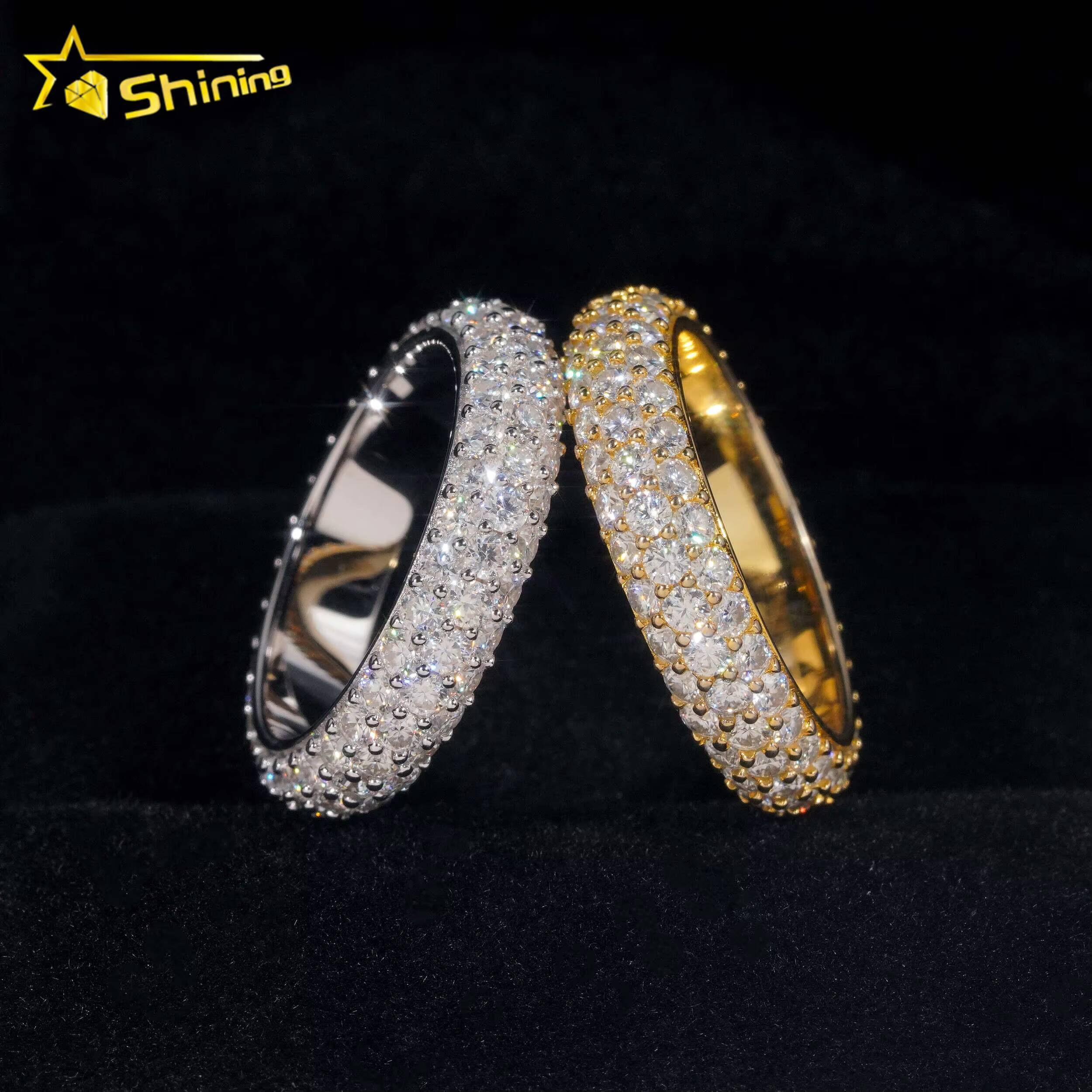 Factory Stock GRA Certified Solid 925 Sterling Silver Gold Plated Fine Jewelry Fully Iced Out 3 Rows Moissanite Band Ring