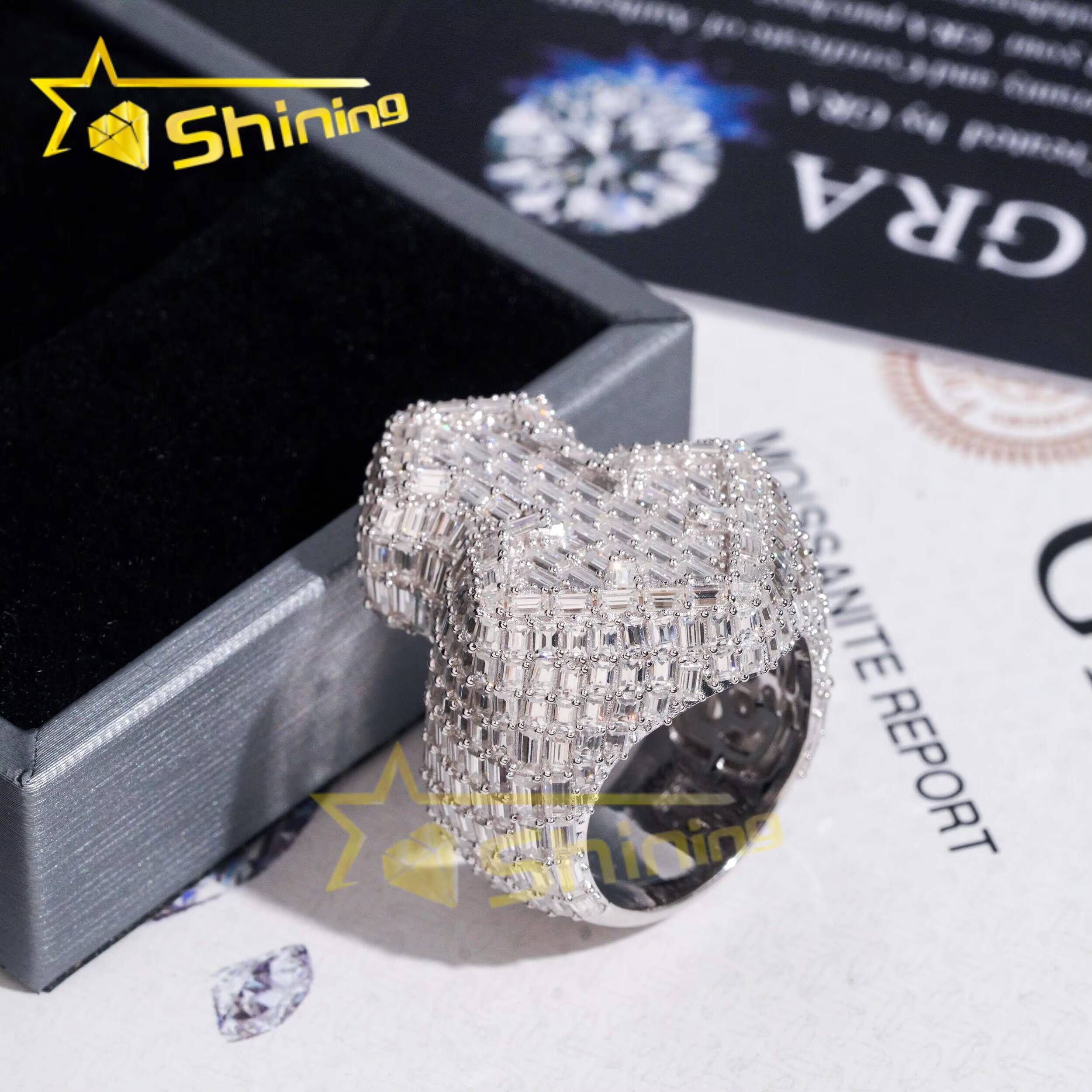 Luxury Emerald Cut Moissanite Iced Out Mens Ring 925 Silver Gold Plated Hip Hop Cross Men Ring