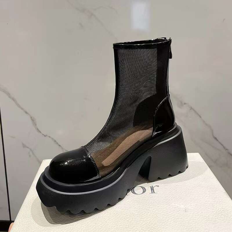 Summer Thin for Women 2023 New Martin Hollow Mesh Sandals British Style Breathable Chunky Heel Short Boots
