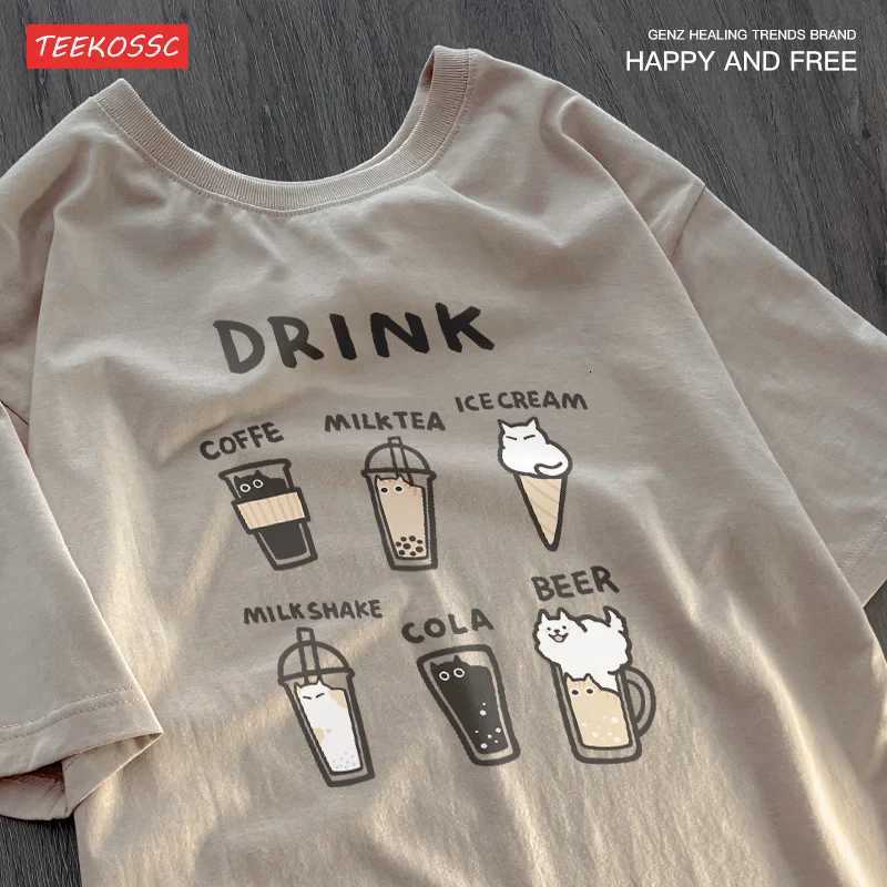 Creative Design Of Cat Beverage Short Sleeve T-shirt Men Women Cat Beverage For Couple Summer Half Sleeve Loose Fit Tee Y250819
