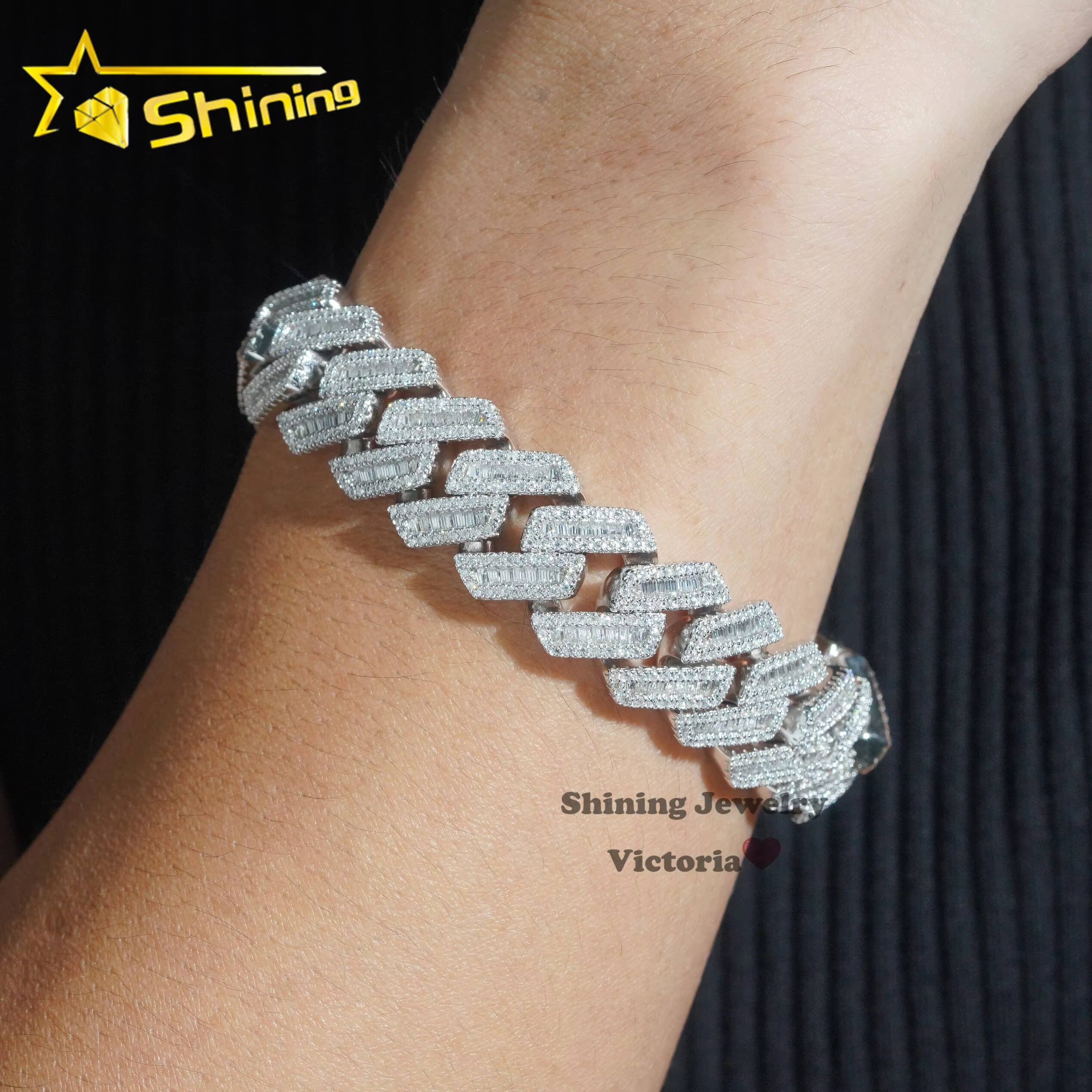 Hip Hop Jewelry Popular Special Design Buss Down 18MM Baguette Moissanite Diamond Cuban Link Bracelet for Men