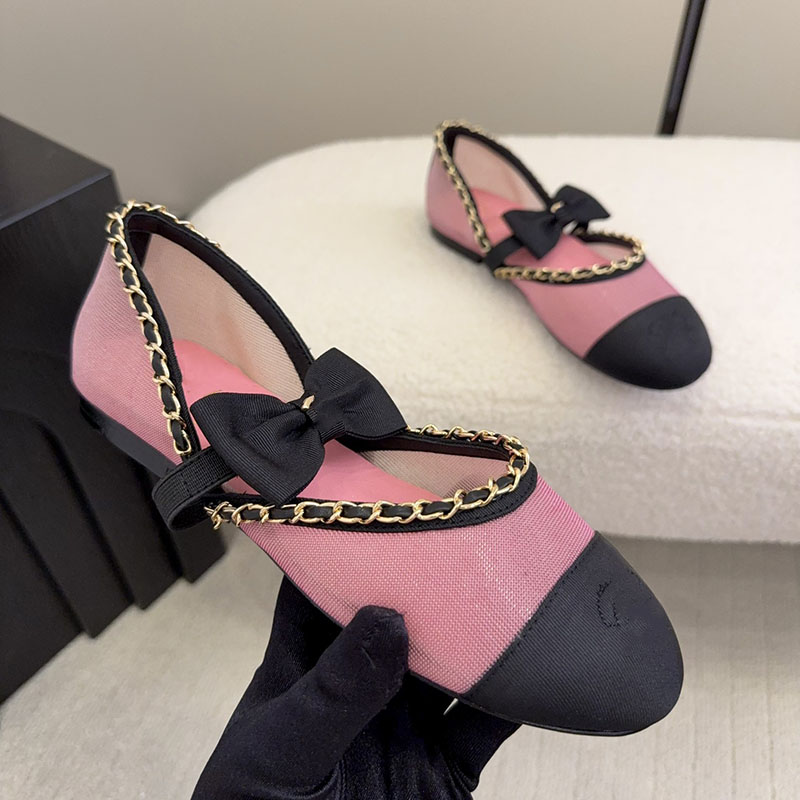 Women Mesh Mary Janes Designer Elastic Band Bow Dress Shoes Classic Black Pink Ballet Shoes Flat Heels Loafers Outdoor Leisure Shoes
