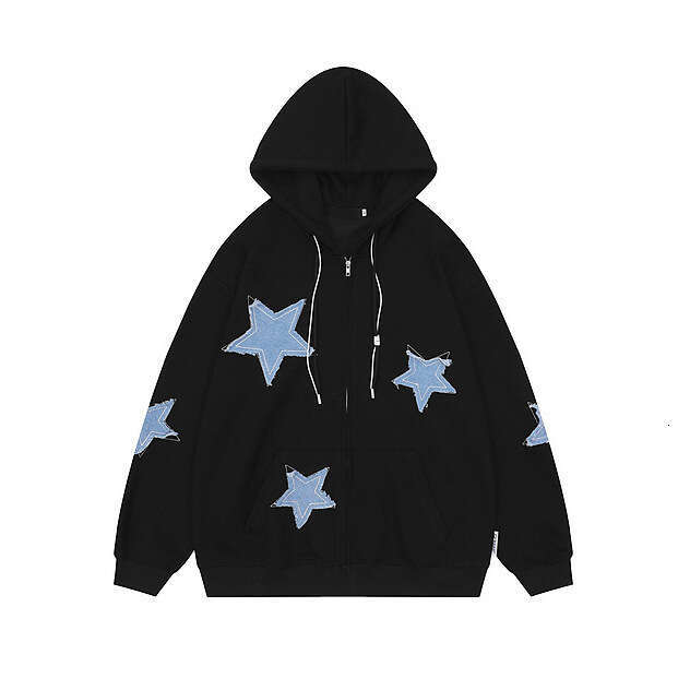 American Style Star Patch Hooded Sweatshirt Autumn Winter Fleece Loose Casual Couple Cardigan Jacket