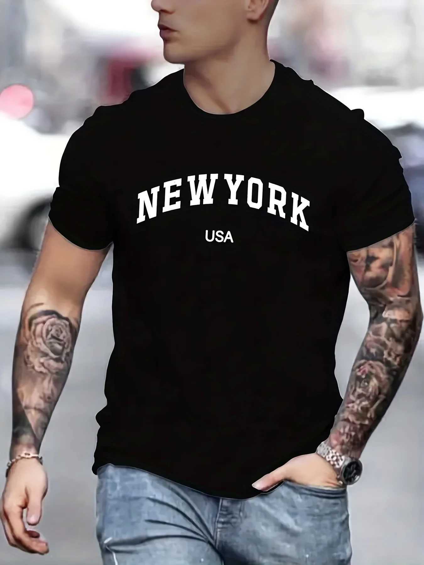 Mens summer fashionable casual loose plus size new York Usa printed slim fit sports round neck short sleeved T-shirt Y250819