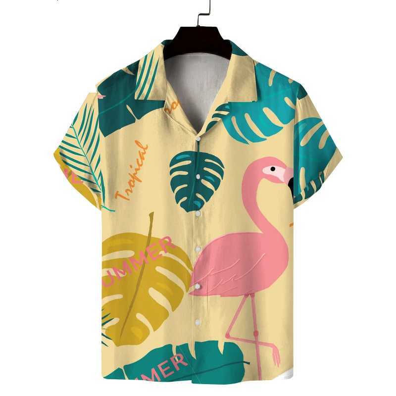 Mens summer Cuban collar short-sleeved shirt with summer style flamingo print mens shirt comfortable breathable and versatile Y250819
