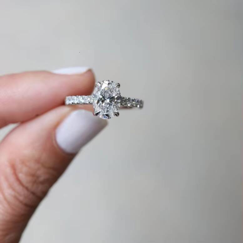 14K White Moissanite Engagement Ring 3 Carats Oval Shape VVS Diamond Micropaved Side Stones Paved Moissanite Ring